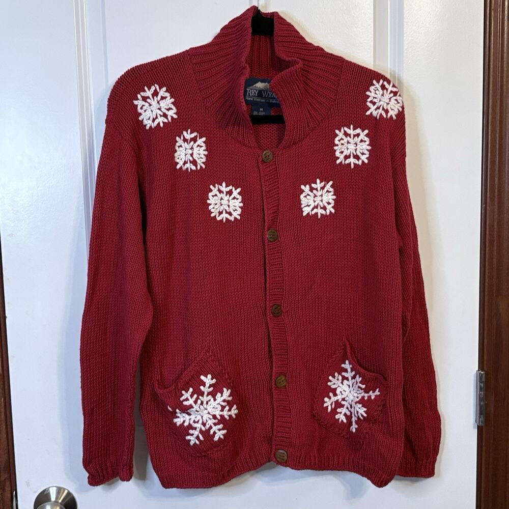Ray Wear Christmas Sweater Cardigan Snowflake Hand Knit Women’s Sz M Cotton​​​